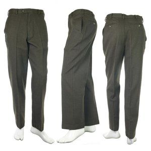 LANDS' END Dress Pants Twill 100% Wool Flat Front Dark Green Thick Warm 34 x 30
